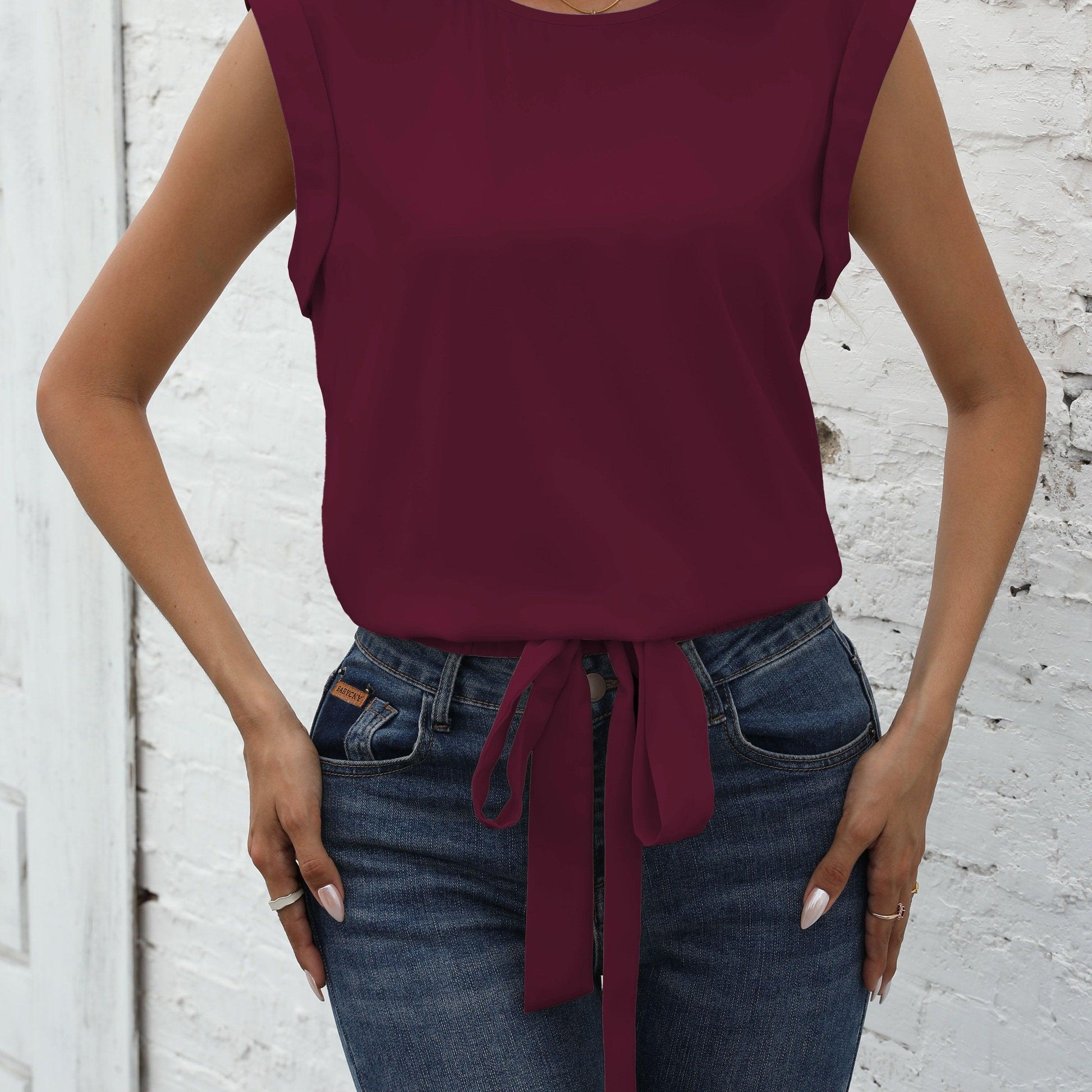 Chic Keyhole Back Tie Front Blouse - Effortless Casual Style with Classic Crew Neck Design - Perfect for Womens - Shop & Buy