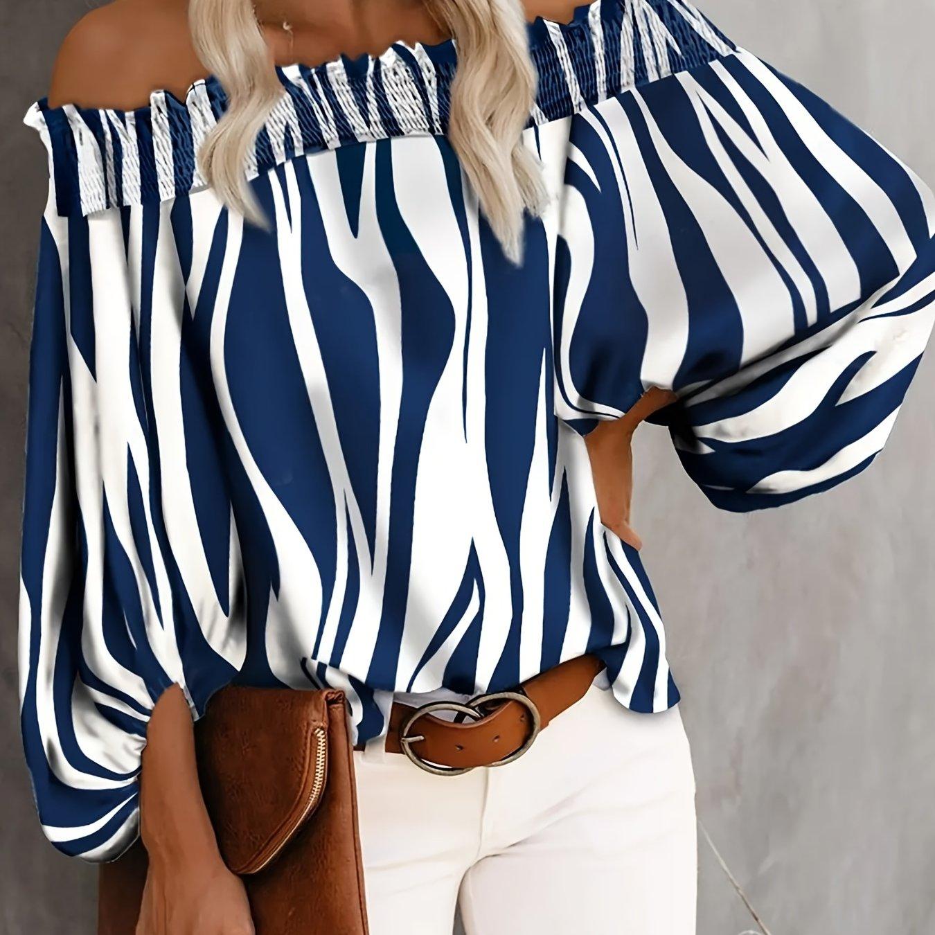 Chic Off Shoulder Striped Blouse - Fashionable Lantern Sleeves - Ultra-Comfortable Womens Casual Top - Shop & Buy