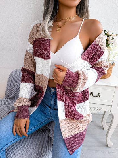 Chic Striped Lantern Sleeve Cardigan Sweater for Women    