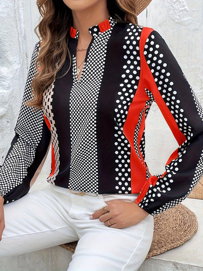 Chic Women's Blouse with Playful Polka Dots & Stripes - Casual Notched Neck, Long Sleeves for Every Occasion - Shop & Buy