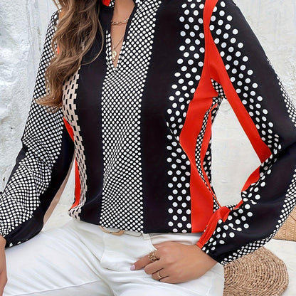 Chic Women's Blouse with Playful Polka Dots & Stripes - Casual Notched Neck, Long Sleeves for Every Occasion - Shop & Buy