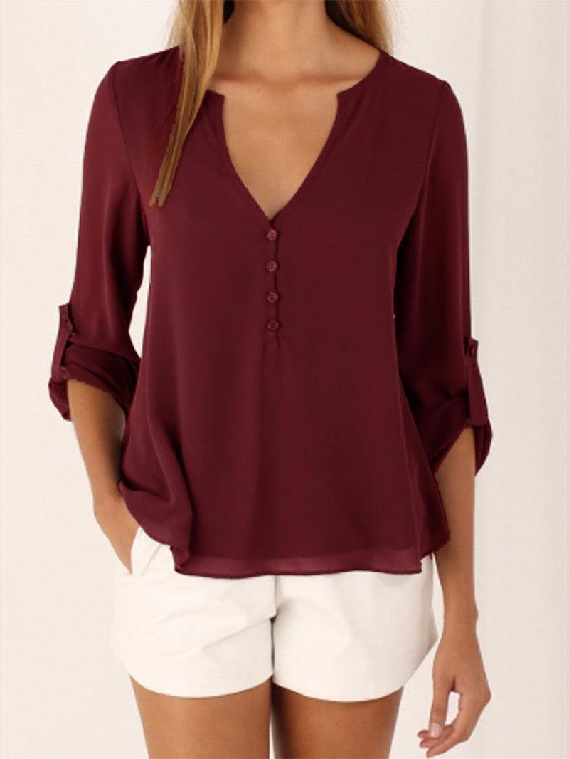 CHIFFON BUTTON-UP V-NECK BLOUSE  WITH 3/4 SLEEVES - B ANN'S BOUTIQUE