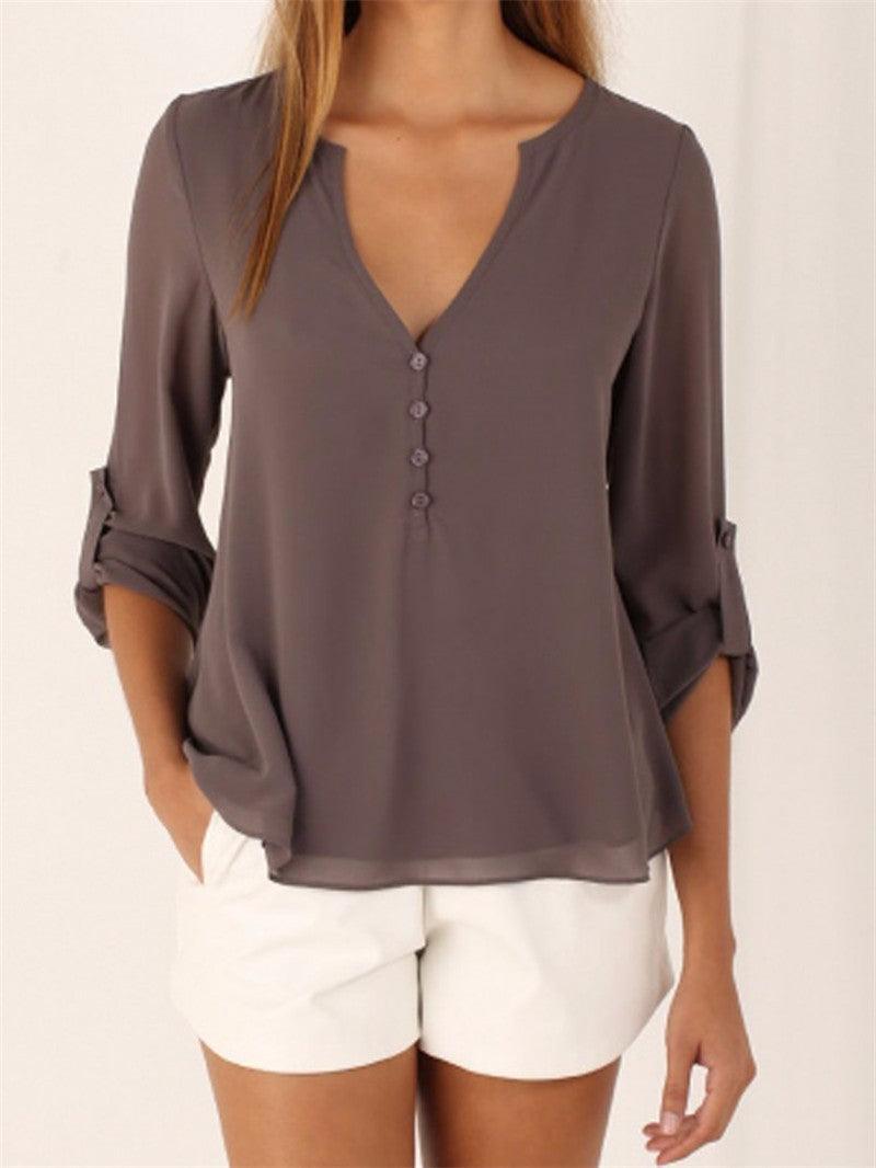 CHIFFON BUTTON-UP V-NECK BLOUSE  WITH 3/4 SLEEVES - B ANN'S BOUTIQUE