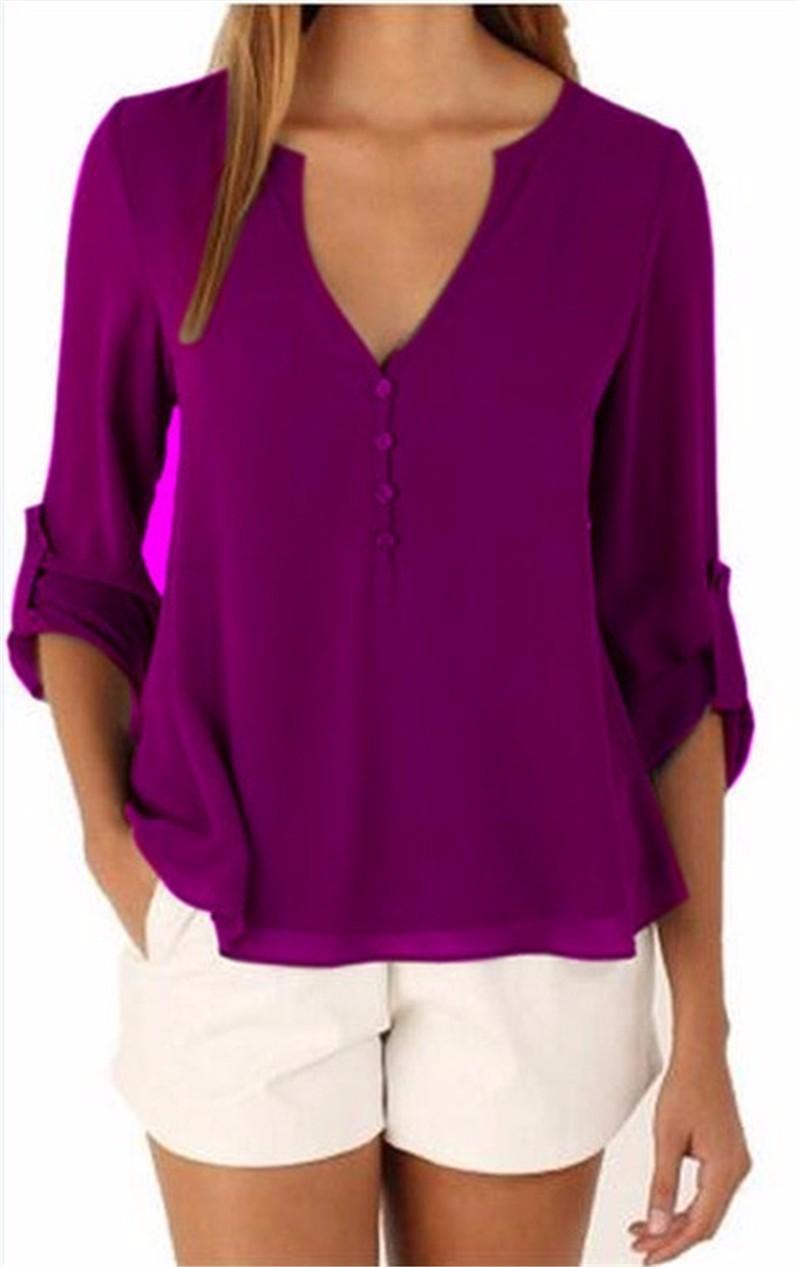 CHIFFON BUTTON-UP V-NECK BLOUSE  WITH 3/4 SLEEVES - B ANN'S BOUTIQUE