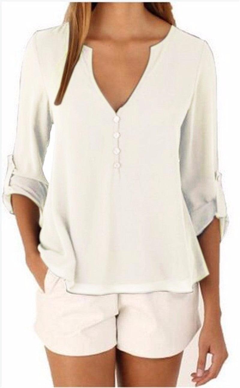 CHIFFON BUTTON-UP V-NECK BLOUSE  WITH 3/4 SLEEVES - B ANN'S BOUTIQUE