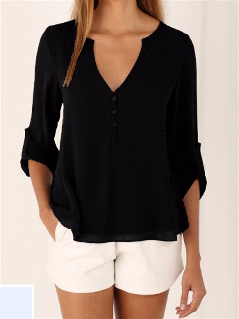 CHIFFON BUTTON-UP V-NECK BLOUSE  WITH 3/4 SLEEVES - B ANN'S BOUTIQUE