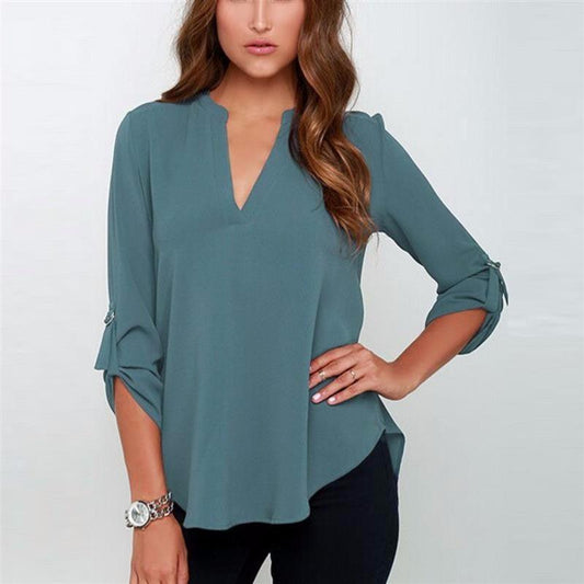 CHIFFON V-NECK BLOUSE  WITH 3/4 SLEEVES - B ANN'S BOUTIQUE