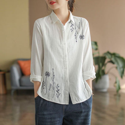 Classic Floral Embroidered Cotton Linen Shirt