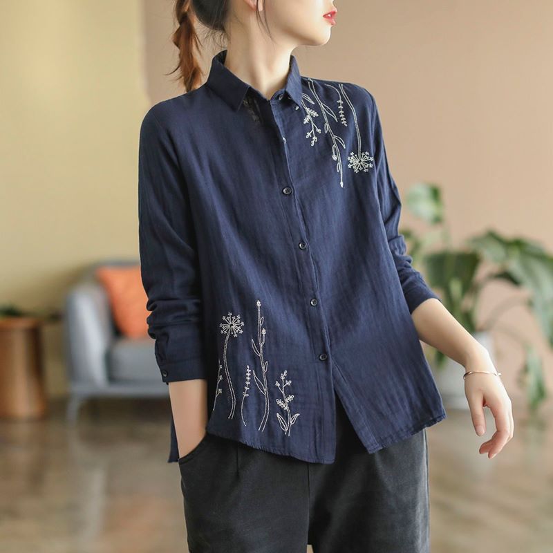 Classic Floral Embroidered Cotton Linen Shirt