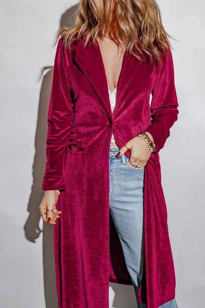 Collared Neck Longline Velvet Cardigan with Pockets - Admiresty