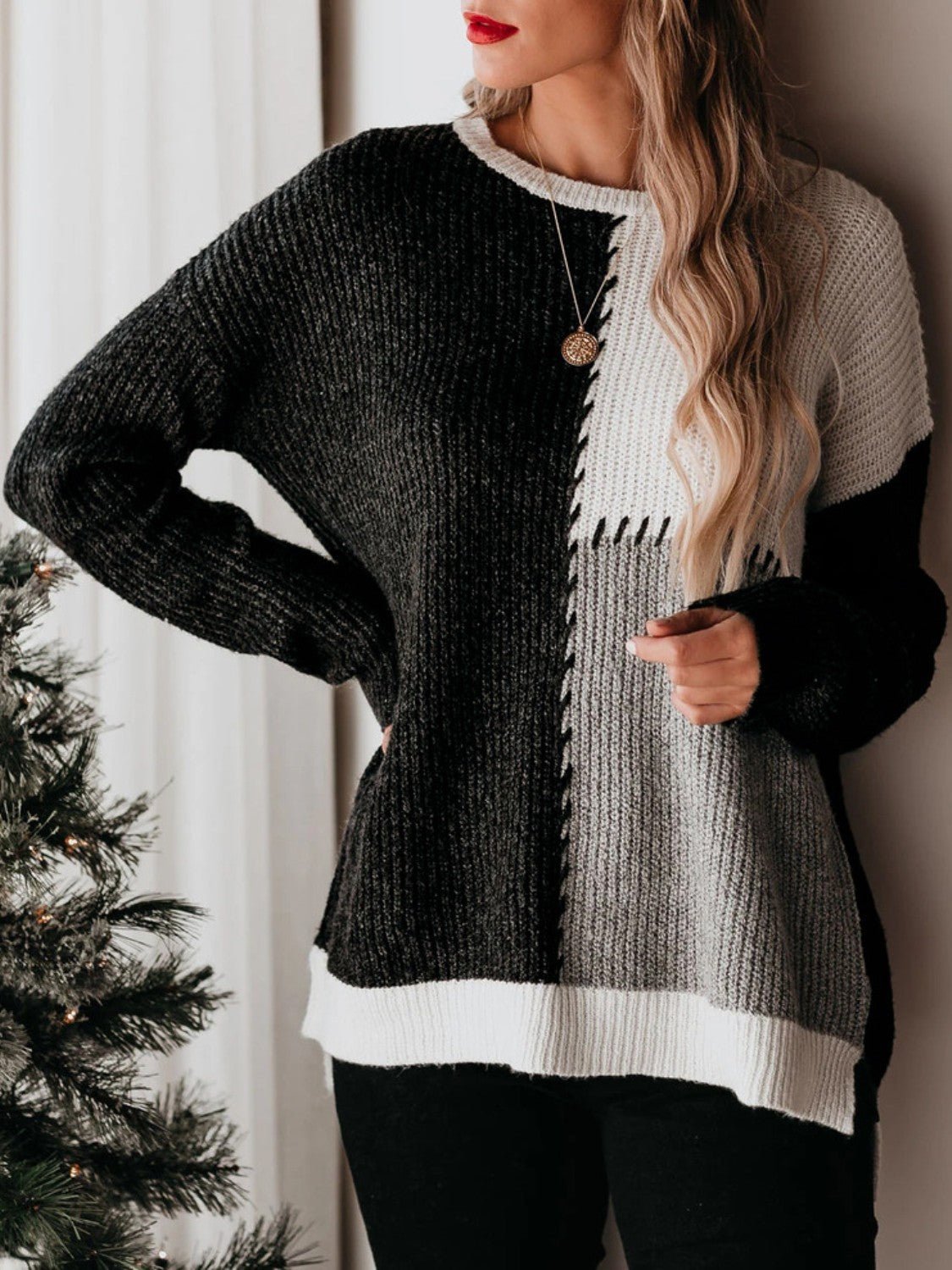 Color Block Round Neck Long Sleeve Sweater - Admiresty