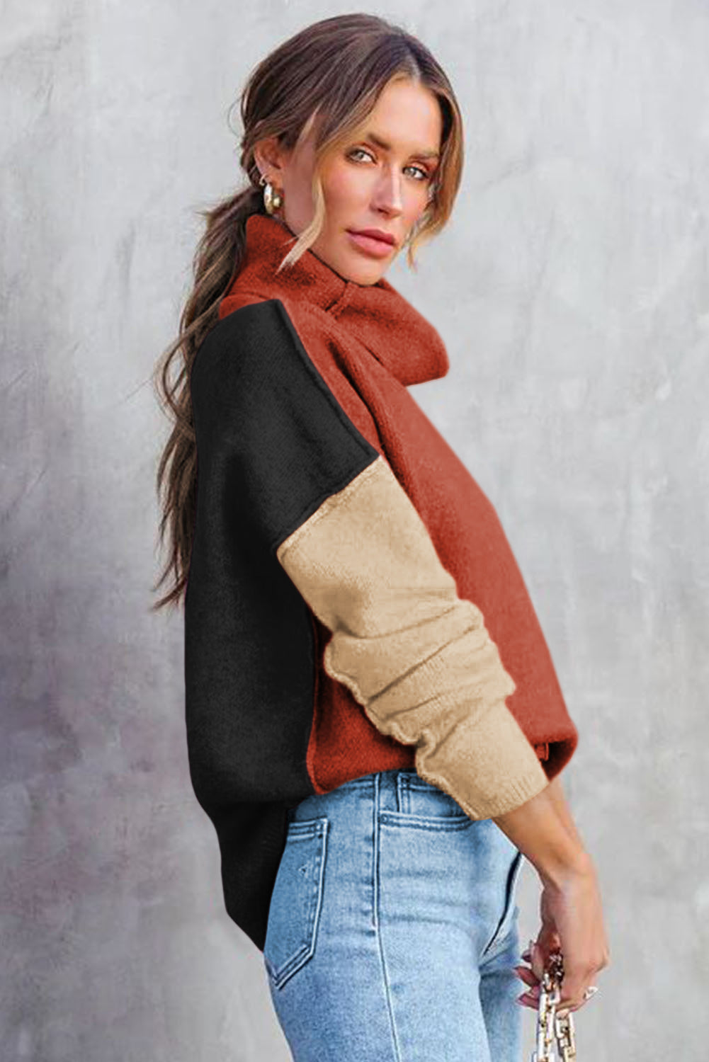 Color Block Turtle Neck Drop Shoulder Knit Sweater - Sweaters & Cardigans - Sunny Angela