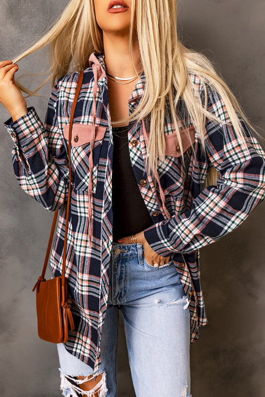 Contrast Hooded Drawstring Plaid Shacket - Jackets - Sunny Angela