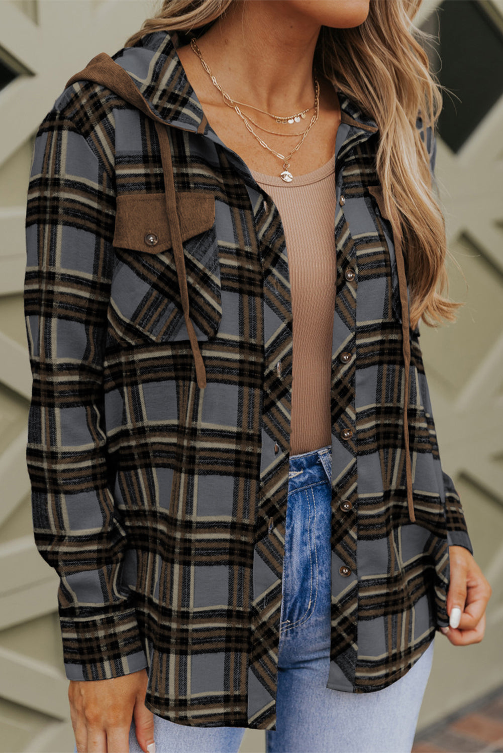 Contrast Hooded Drawstring Plaid Shacket - Jackets - Sunny Angela