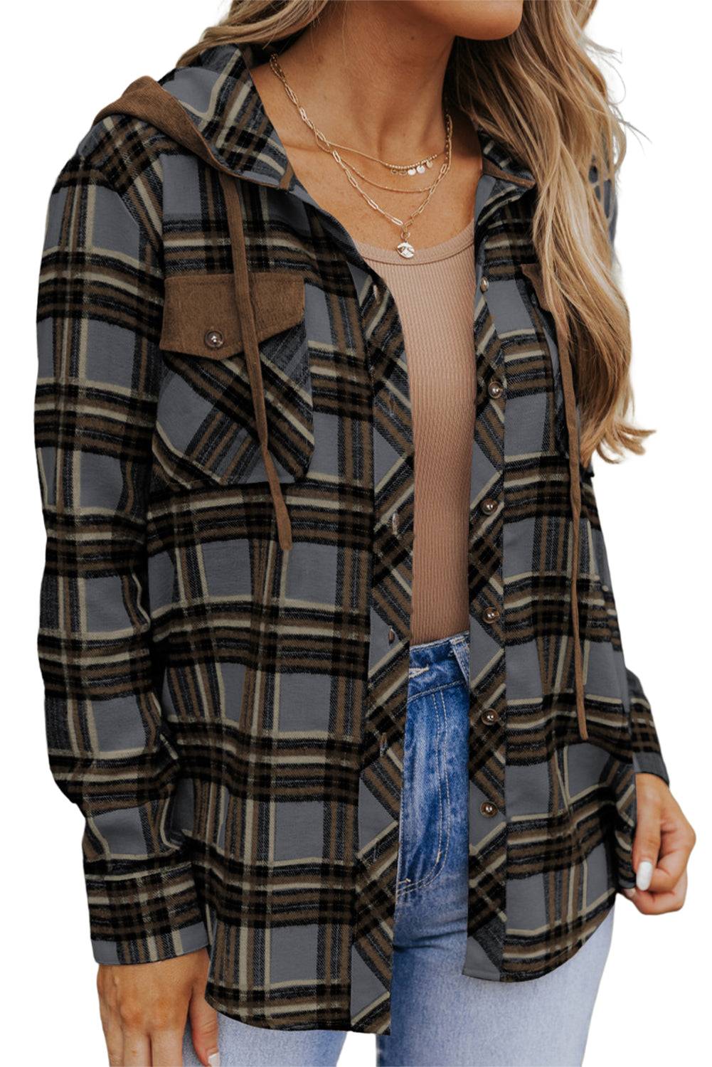 Contrast Hooded Drawstring Plaid Shacket - Jackets - Sunny Angela