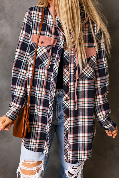 Contrast Hooded Drawstring Plaid Shacket - Jackets - Sunny Angela