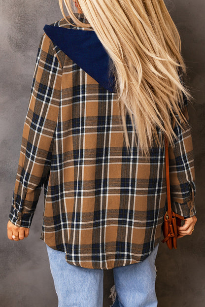 Contrast Hooded Drawstring Plaid Shacket - Jackets - Sunny Angela