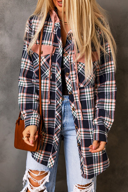 Contrast Hooded Drawstring Plaid Shacket - Jackets - Sunny Angela