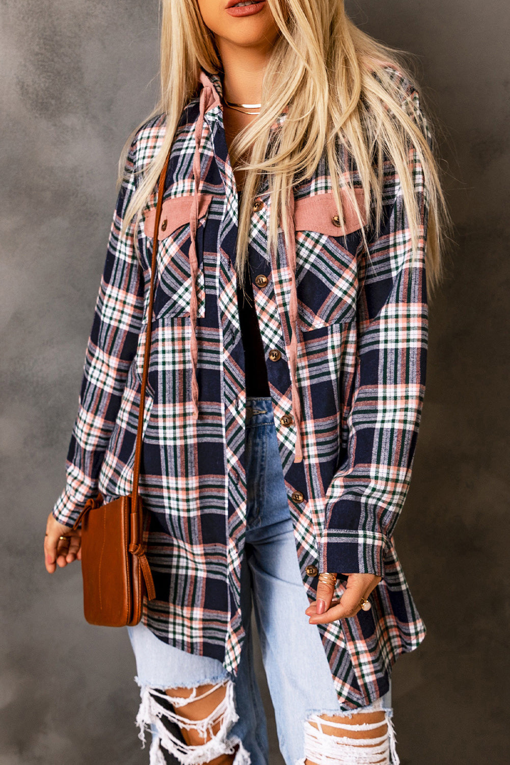 Contrast Hooded Drawstring Plaid Shacket - Jackets - Sunny Angela