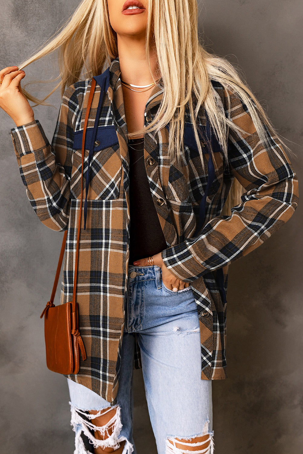 Contrast Hooded Drawstring Plaid Shacket - Jackets - Sunny Angela