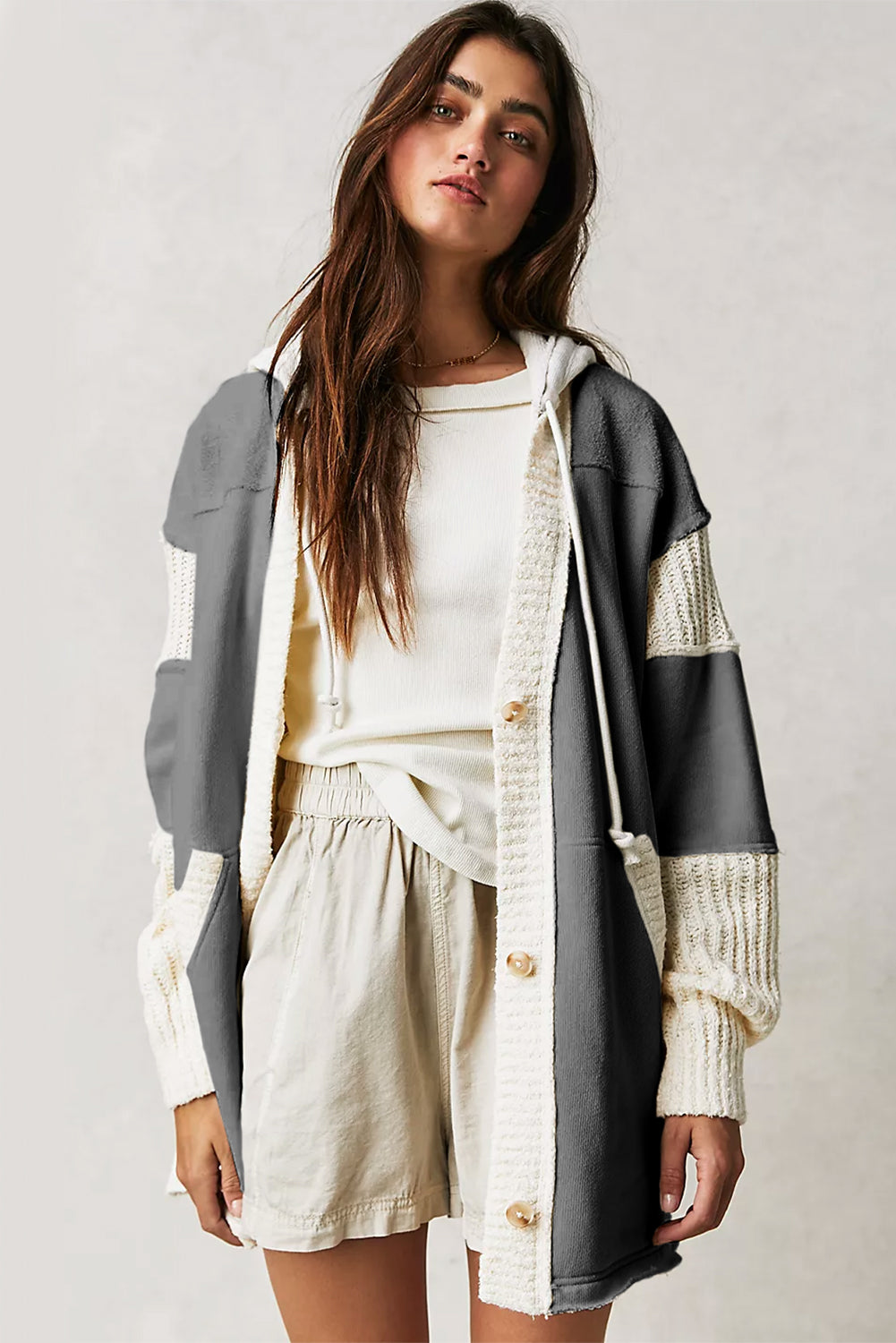 Contrast Knit Patchwork Hooded Functional Coat - Coats - Sunny Angela