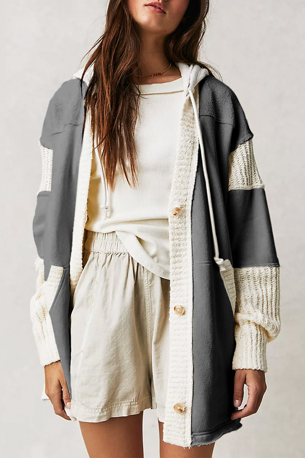 Contrast Knit Patchwork Hooded Functional Coat - Coats - Sunny Angela