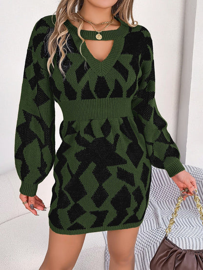 Contrast Round Neck Cutout Long Sleeve Mini Sweater Dress - Admiresty