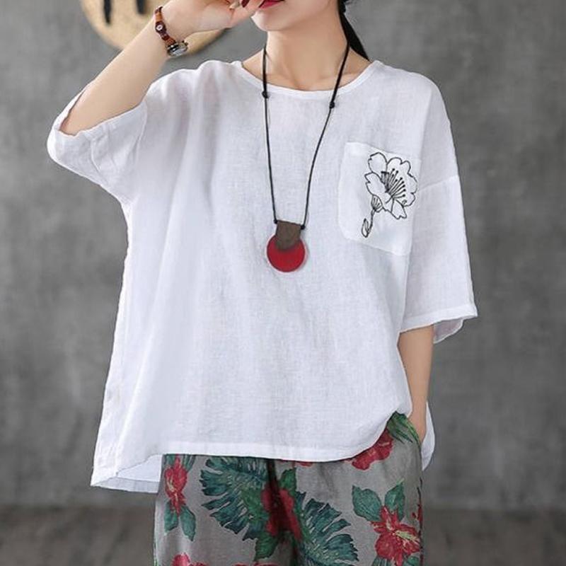 Cotton Linen T-Shirt Short Loose Sleeves