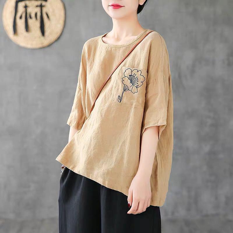 Cotton Linen T-Shirt Short Loose Sleeves