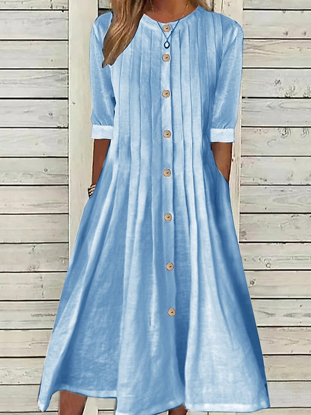 Faith® | Damen Baumwolle Leinen Kleid Swing Kleid Midi Kleid Baumwolle