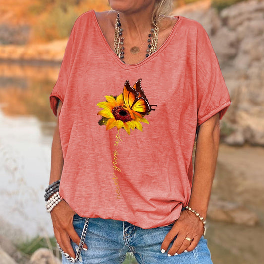 Dahlia® | Never Give Up Gedruckte Sonnenblume Damen-T-Shirt