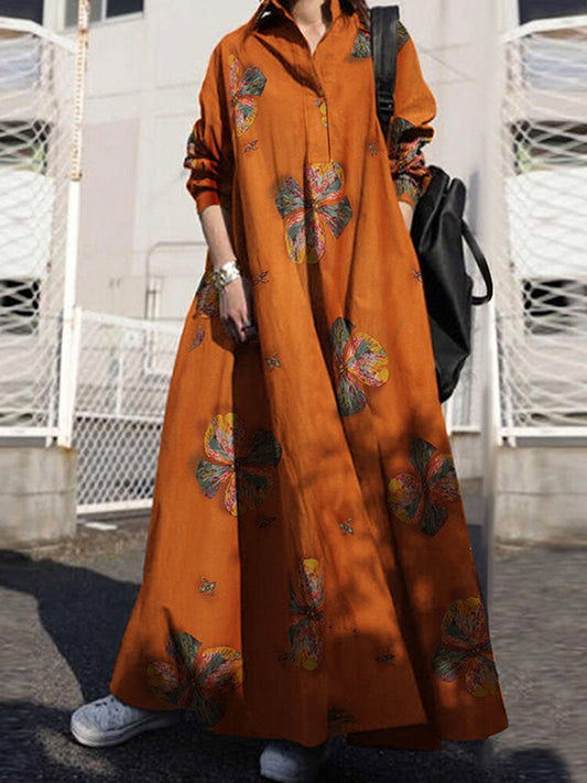 Retro Floral Print Lapel Bohemian Loose Long Sleeve Maxi Shirt Pocket Women Maxi Dress