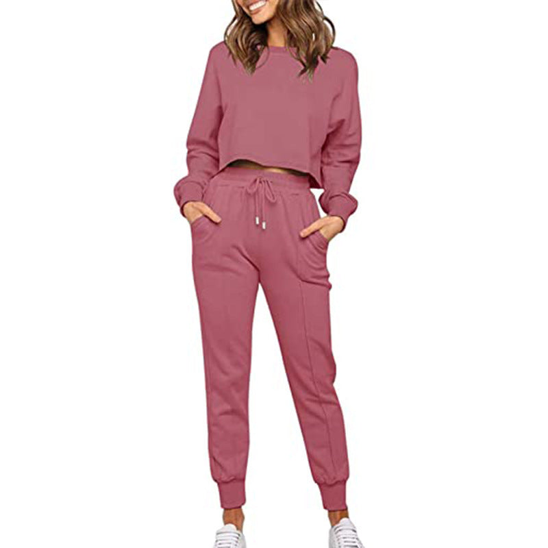 Women's Long Sleeve Cropped Sweatshirt with Sweatpants Sports Set