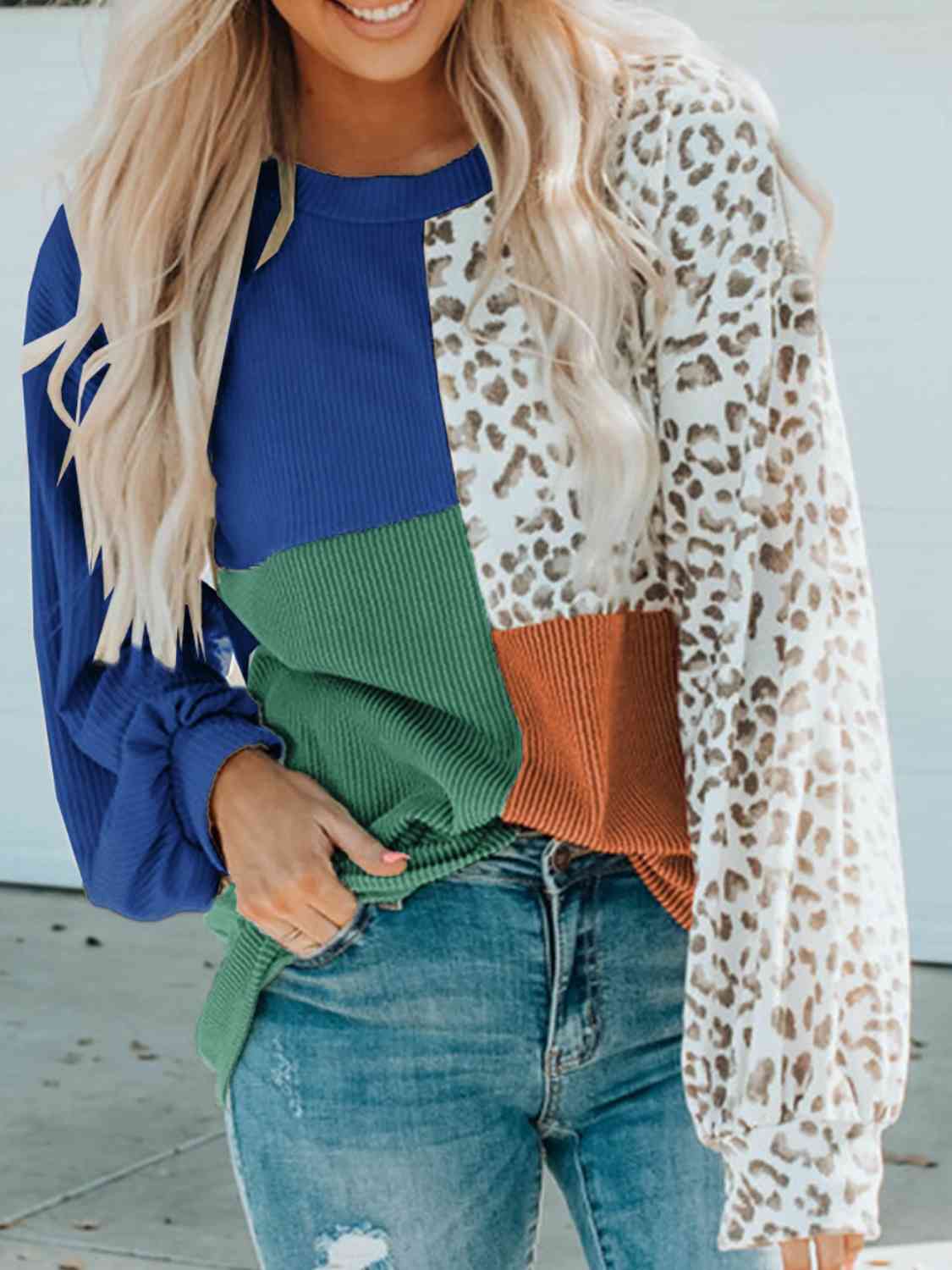 Color Block Leopard Round Neck Sweatshirt king-general-store-5710.myshopify.com