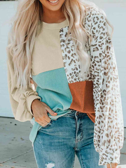 Color Block Leopard Round Neck Sweatshirt king-general-store-5710.myshopify.com