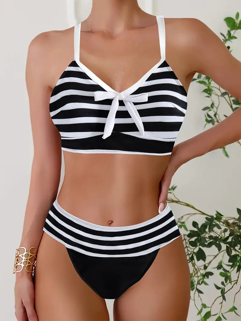 Helga® | Sexy gestreifter Druck Schleife Knoten V-Ausschnitt Bikini