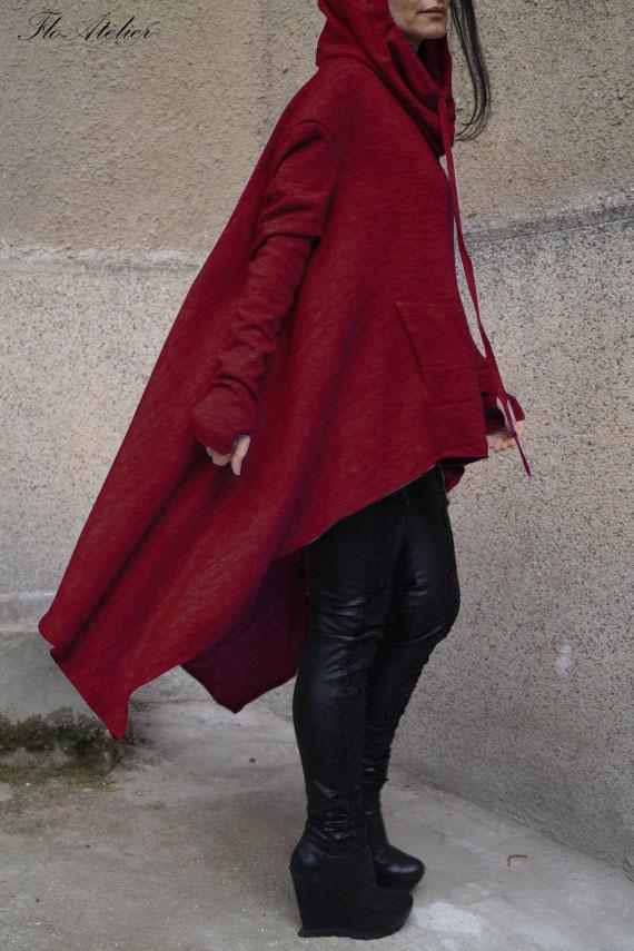 Solid Color Pile Neck Pocket Irregular Long Hoodie