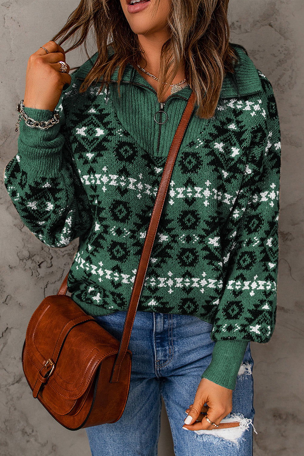 Khaki Aztec Knitted Drop Shoulder Zipped Sweater