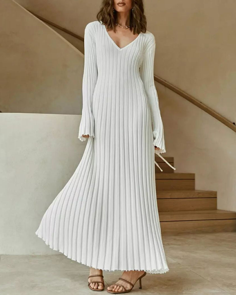 long sleeve dress v neck knit maxi dress ribbed elegant long high waist pleated dresses