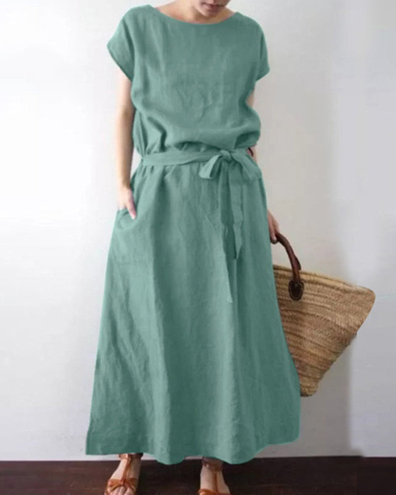 Long Maxi Crew Neck Dress With Belt High Waist With Pockets Conton Linen Dress