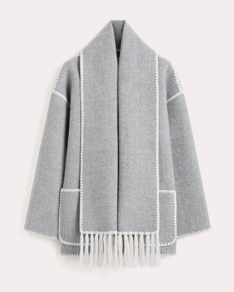 womens thickened loose woolen coat with fringed scarf