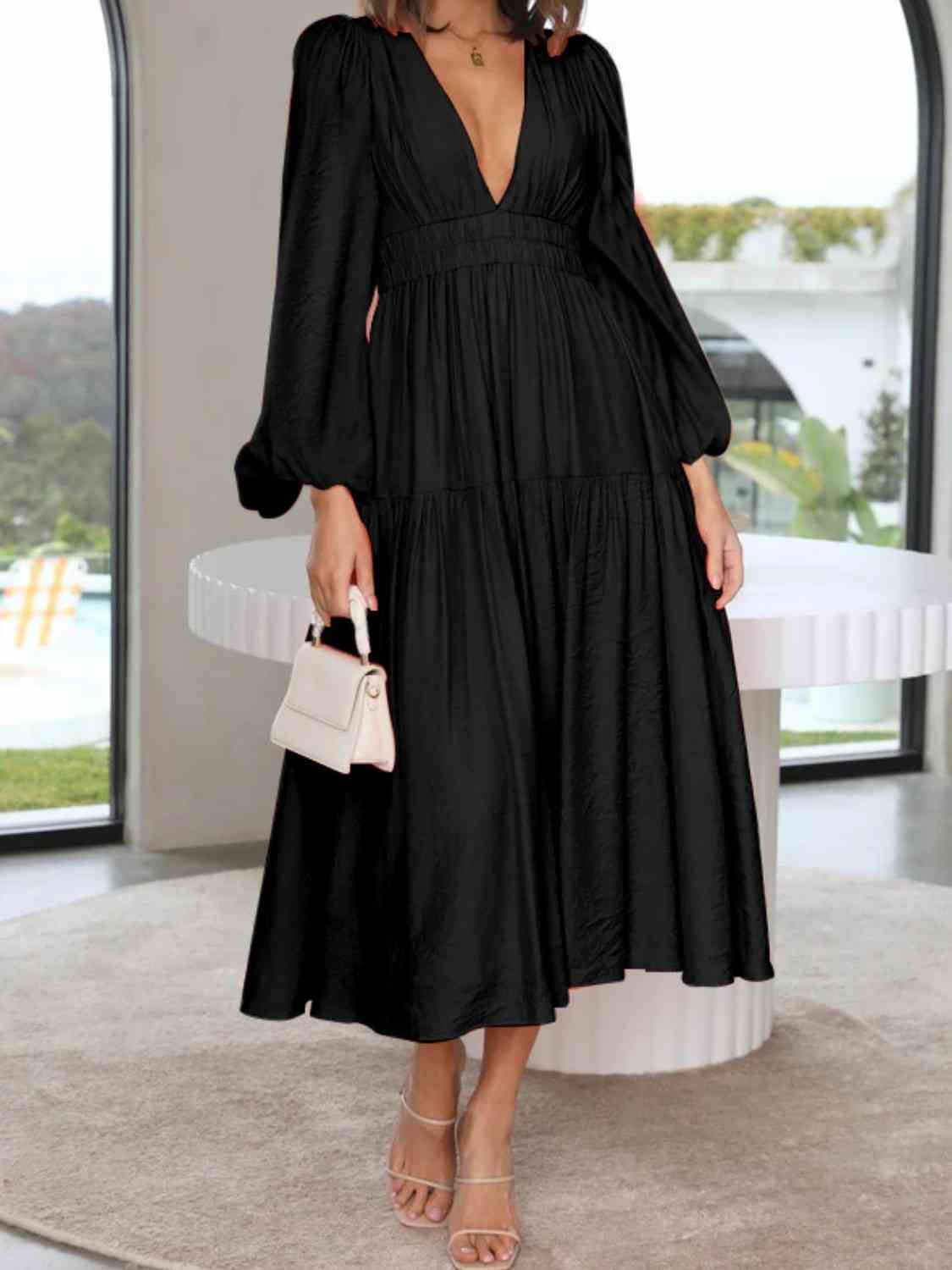 Deep V - Neck Balloon Sleeve Plain Maxi Dress - Loulou Boutique