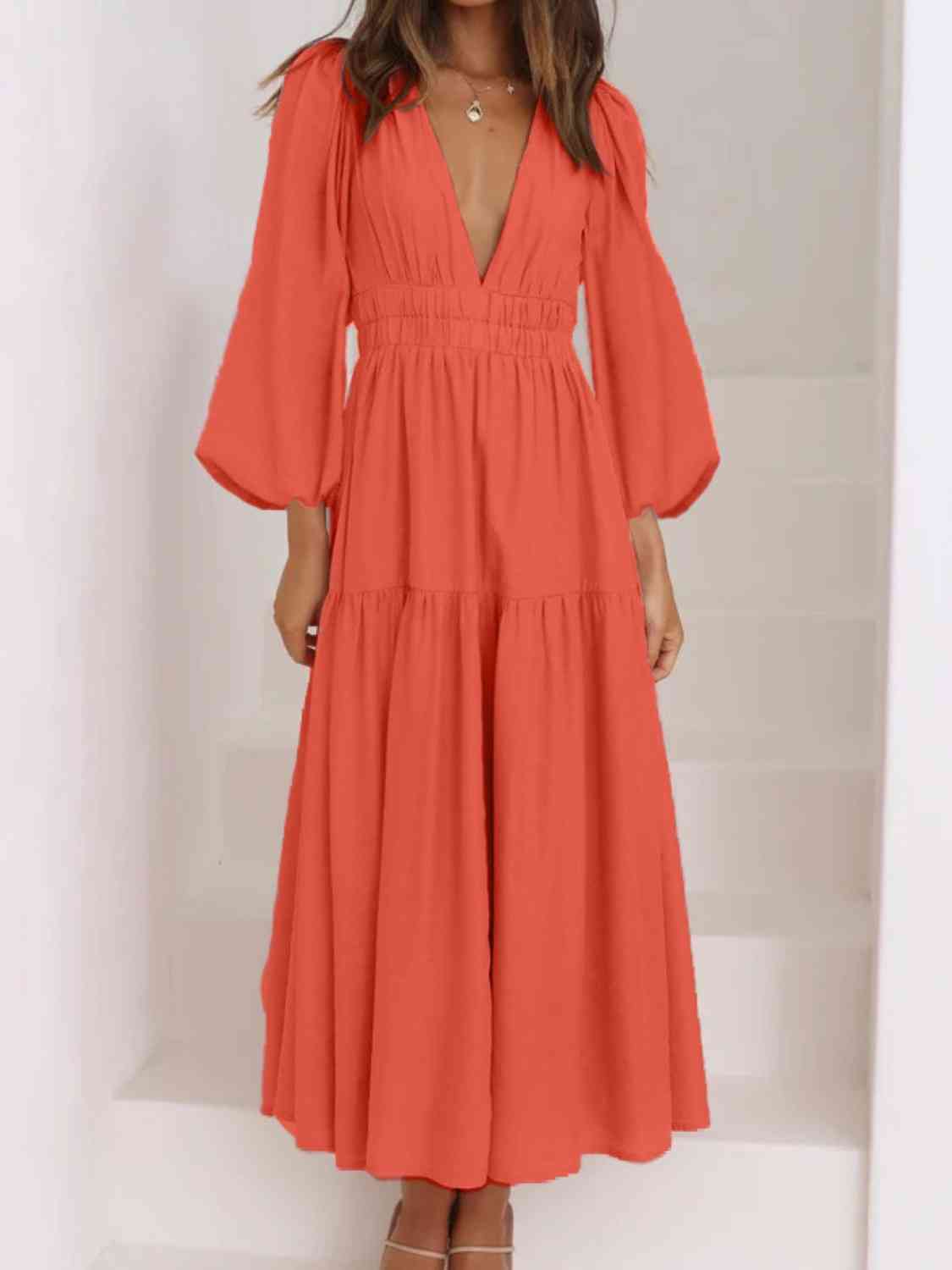 Deep V - Neck Balloon Sleeve Plain Maxi Dress - Loulou Boutique