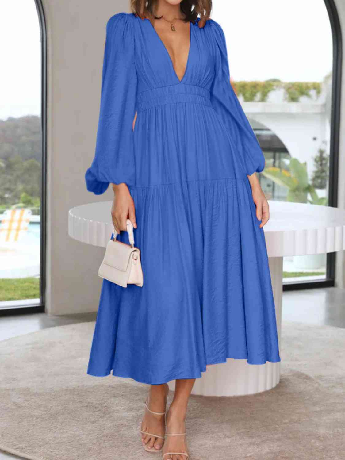 Deep V - Neck Balloon Sleeve Plain Maxi Dress - Loulou Boutique