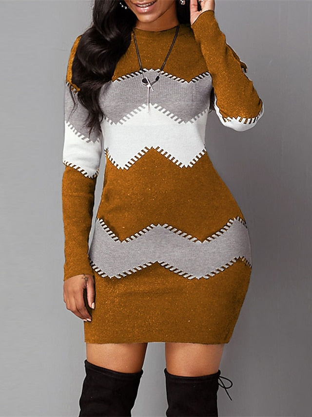 Women's Sweater Dress Bodycon Blue Yellow Wine Black Long Sleeve Color Block Knit Winter Fall Crew Neck Sexy Modern Fall Dress 2022 S M L XL XXL 3XL 4XL 5XL / Winter Dress / Sheath Dress - LuckyFash™