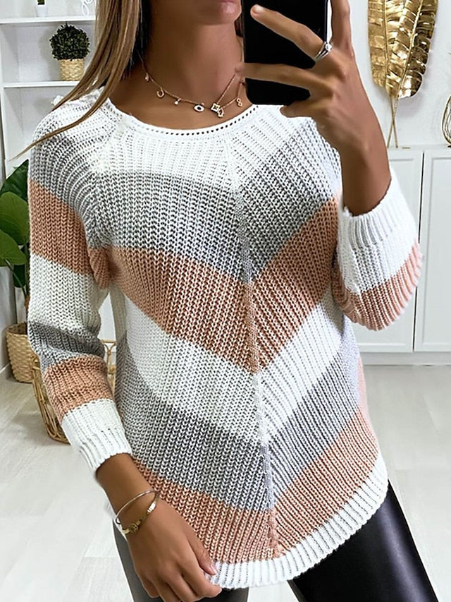 Women's Sweater Pullover Jumper Knitted Striped Color Block Stylish Basic Casual Long Sleeve Loose Sweater Cardigans Crew Neck Fall Winter Spring Wine Red Powder gray Yellow / Holiday / Going out - LuckyFash™