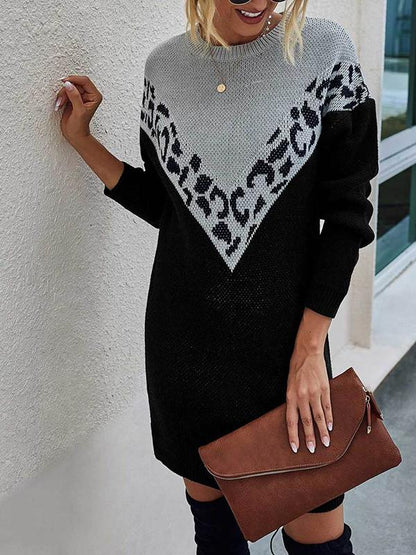 Drop Shoulder Chevron Leopard Sweater Dress - LuckyFash™