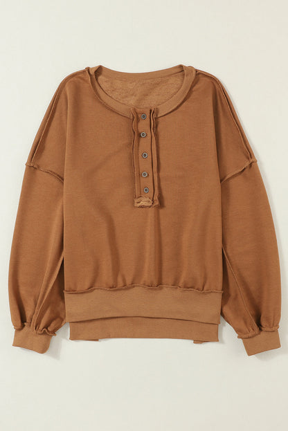 Drop Shoulder Henley Buttons Sweatshirt - Sweatshirts & Hoodies - Sunny Angela