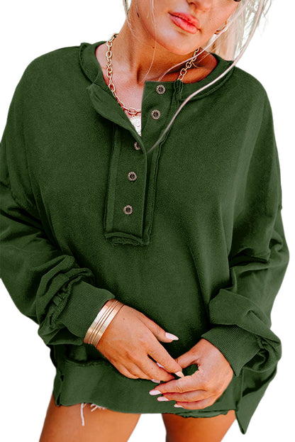 Drop Shoulder Henley Buttons Sweatshirt - Sweatshirts & Hoodies - Sunny Angela