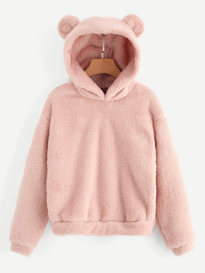 Drop Shoulder Solid Teddy Hoodie With Bear Ears - INS | Online Fashion Free Shipping Clothing, Dresses, Tops, Shoes